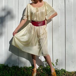 Vintage 1960s pale yellow satin lounge dress.